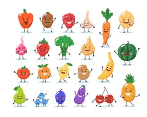 Fruits and vegetables characters. Vector illustration