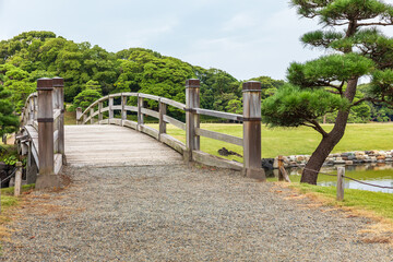 日本庭園の池に架かる木製の橋