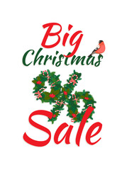  Festive Big Christmas Sale New Year poster with wreath garland candy, berries, bullfinch bird, lettering, fir tree frame border, white background. Shopping promotion banner. Flat style.