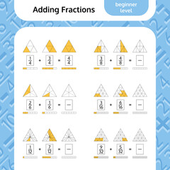 Adding Fractions Mathematical Worksheet. Triangles. Coloring Book Page. Math Puzzle. Educational Game. 