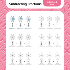 Subtracting Fractions Mathematical Worksheet. Stars. Coloring Book Page. Math Puzzle. Educational Game. 