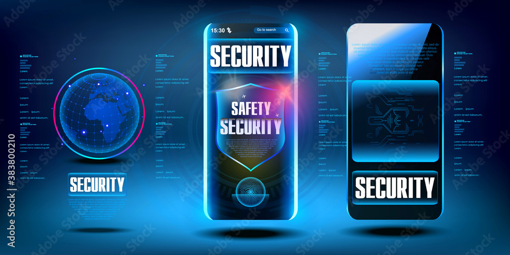 Poster security shield. the concept of protecting personal data from hacking on an electronic device. relia
