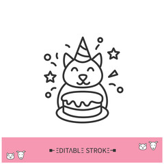 Cat Birthday line icon. Party, celebration for home pet. Birthday Cat. Contemporary pets goods.Home pets life and pet owners community concept. Isolated vector illustration. Editable stroke 