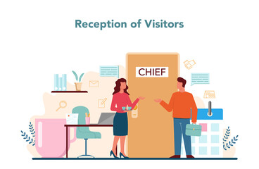 Secretary concept. Receptionist helping visitors and assisting