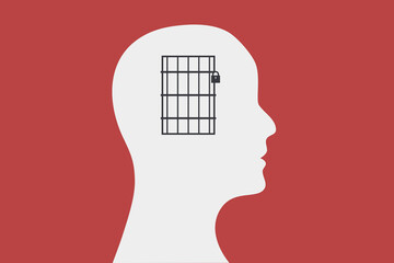 Closed minded illustration. Bars and a lock inside of a persons brain. Human head flat outline icon.
