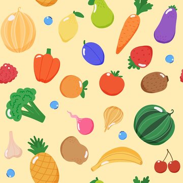 Fruits and vegetables seamless pattern, vector illustration in flat style