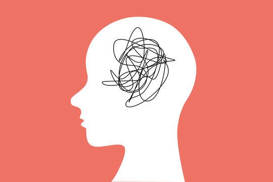 Confused feeling concept illustration. Human head flat outline icon.