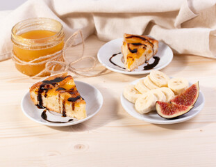 delicious banana and honey, apricot pie. selective focus. close up shot. wooden surface