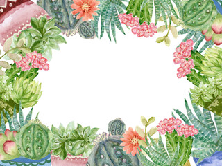 Hand painted watercolor cactus and succulent plants bouquet frame banner invitation card on white