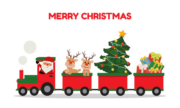 Cute santa and reindeer riding Christmas train. Winter holiday clip art. Train carrying presents and christmas tree.  Flat vector cartoon style isolated on white background.