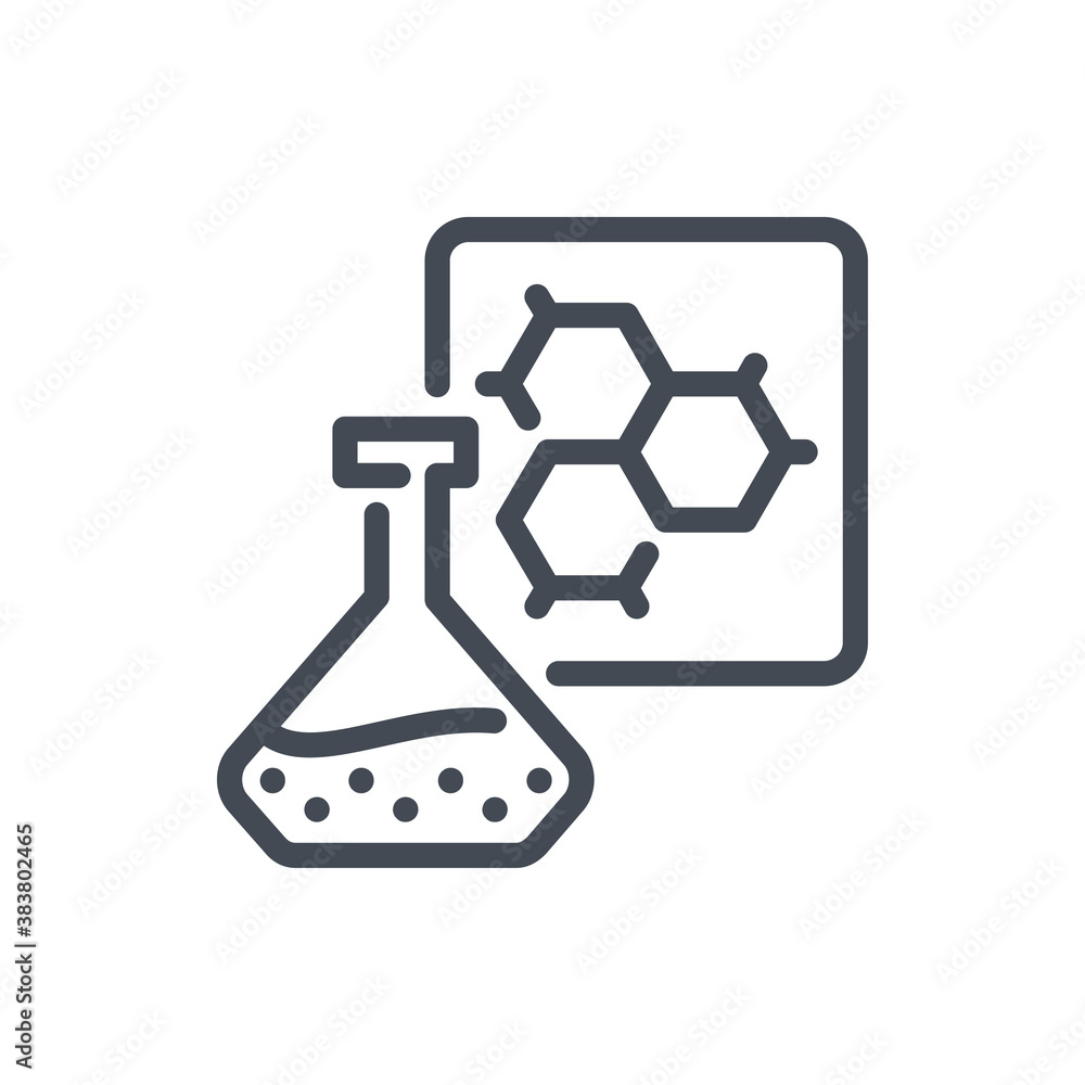 Poster science glassware flask with formula line icon. glass bottle with molecular structure vector outline