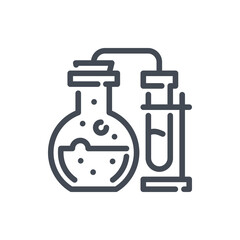 Science experiment with laboratory glassware line icon. Chemical glass bottle with test tube vector outline sign.