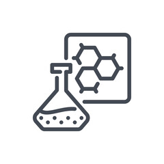 Science glassware flask with formula line icon. Glass bottle with molecular structure vector outline sign.