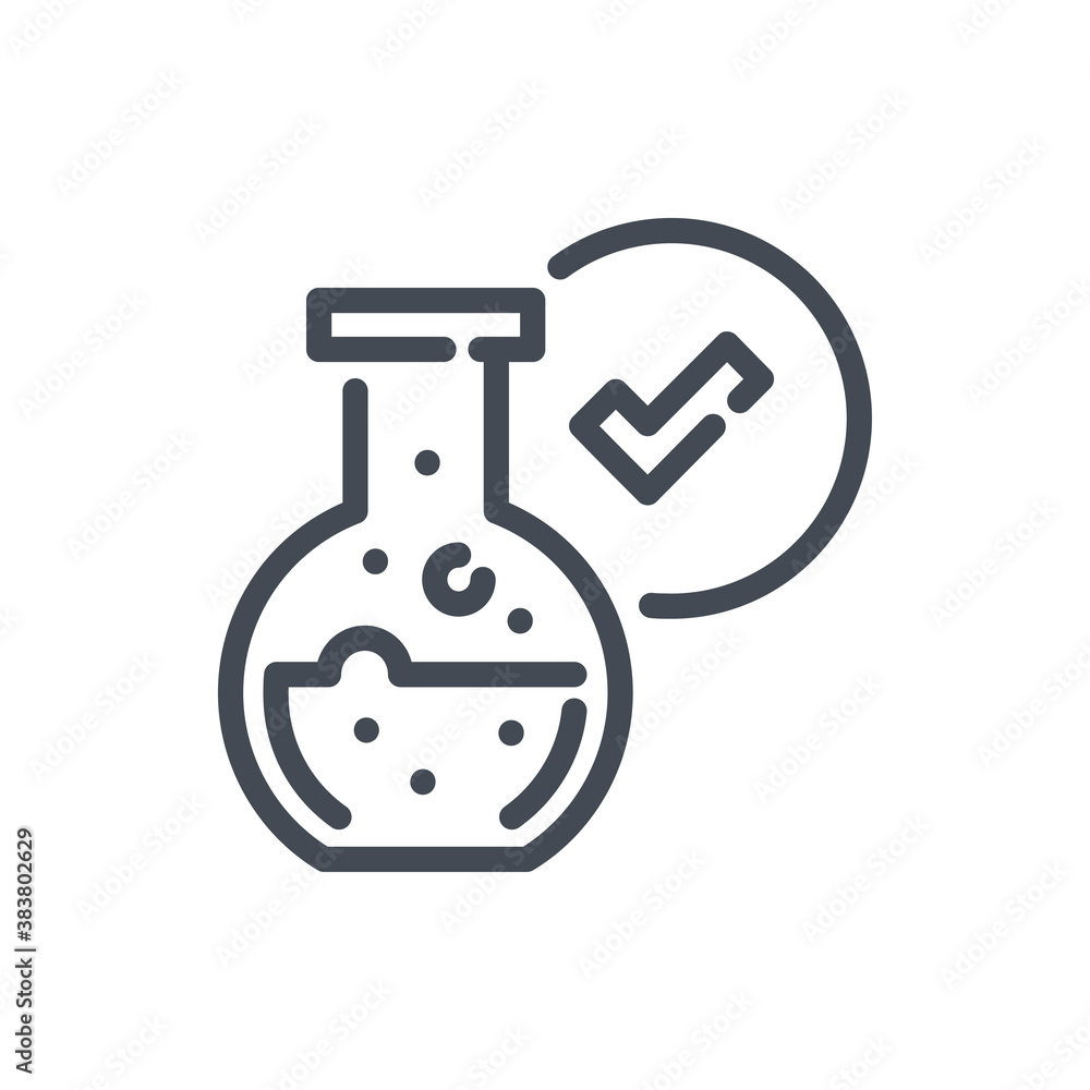 Poster lab glass bottle with positive result line icon. science glassware with liquid and check mark vector
