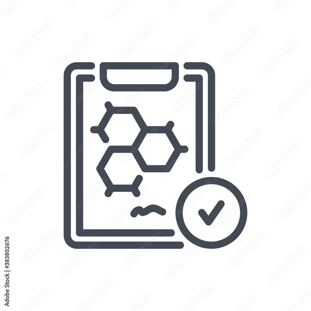 Poster clipboard with molecule formula and check mark line icon. experiment report with tick vector outline