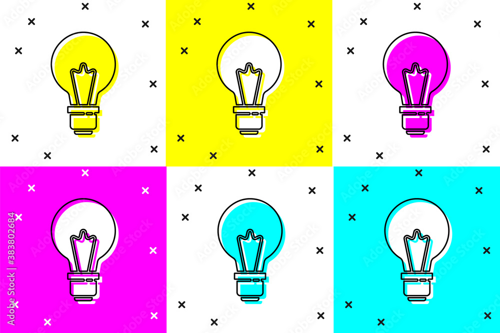 Poster set light bulb with concept of idea icon isolated on color background. energy and idea symbol. inspi