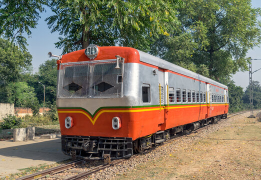 Indian Railway's rail bus or rail motor operating between Mathura and Vrindavan, Uttar Pradesh, India.
