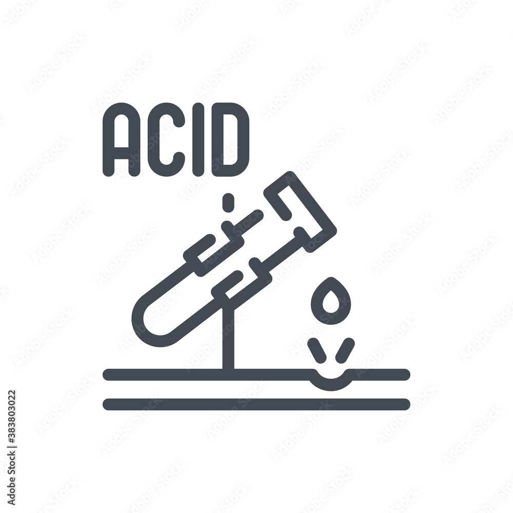 Poster lab flask with acid liquid line icon. chemical experiment with glasware and danger liquid vector out