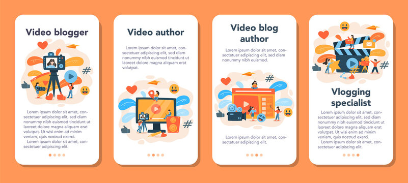 Video blogger mobile application banner set. Share video content