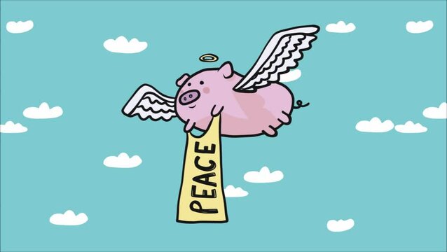 Angel pig with peace flag flying on sky cartoon