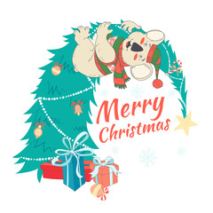 Funny Merry Christmas card with koala wearing cute sweater and hanging on decorated  Christmas tree. Hand drawn flat doodle style