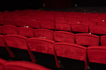 Rows of cinema theater seats in Thailand with cross mark and text  Do Not Sit , focusing on social distancing to prevent coronavirus.