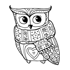 Wise owl wearing scarf. Merry Christmas concept. Coloring book page for adults and kids. Cute vector illustration, line artwork, tattoo. Black and white. Hand drawn sketch