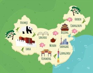 Cartoon map of China. Travel illustration with chineese landmarks, buildings, food and plants. Funny tourist infographics. National symbols. Famous attractions. Vector illustration