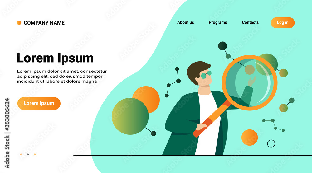 Aufkleber scientist doing scientific research. cartoon character using magnifying glass, studying neuron algor