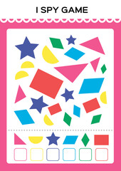I spy game. Find and Count shapes for toddlers. Counting activity for kids. Educational for kids. Basic Geometrical shapes. Elementary math worksheet.