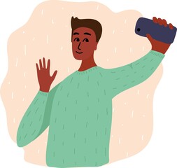 Black african man blogger making photo selfie for blog. Cute boy with smartphone camera. Social media Vector cartoon illustration