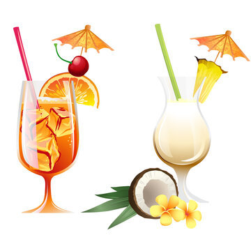 Set of beach tropical cocktails bahama mama and pona colada with