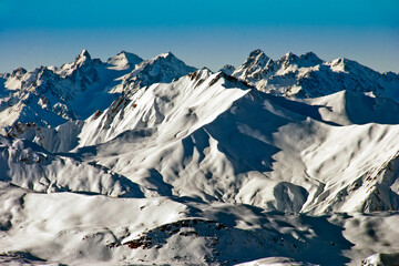 Fototapeta na wymiar French Alps from Mont Vallon in Meribel Mottaret Les Trois Vallees 3 Valleys ski area France