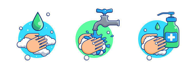 Hand treatment with antiseptic. Washing hands with tap water with liquid soap. Virus Prevention. Protection against viruses, bacteria, germs. Soap bubbles, foam drop. Vector illustration Isolated icon