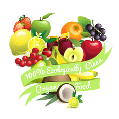 Heart shape contains different fruits with ribbon label 