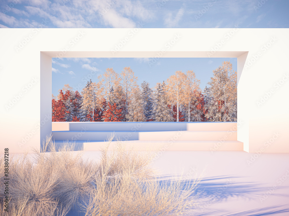 Aufkleber abstract autumn landscape scene with geometrical forms in natural day light. 3d render background.