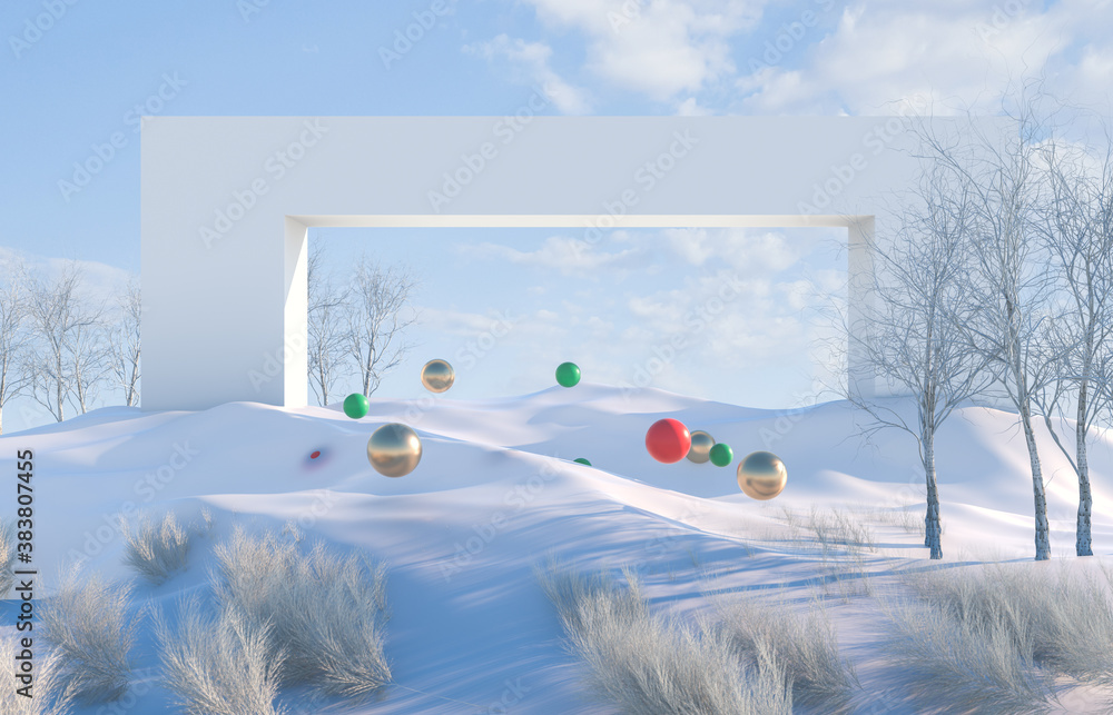 Poster abstract winter landscape scene with geometrical forms in natural day light. 3d render background.