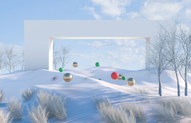 Abstract Winter landscape scene with geometrical forms in natural day light. 3D render background.