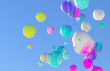 Abstract 3d art background. Colorful sphere floating on blue sky.