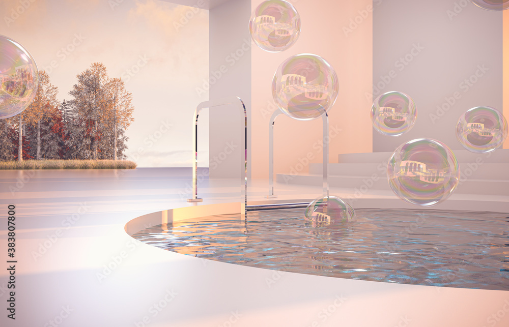 Aufkleber abstract autumn scene with geometrical forms, arch with a podium in natural day light. 3d render bac