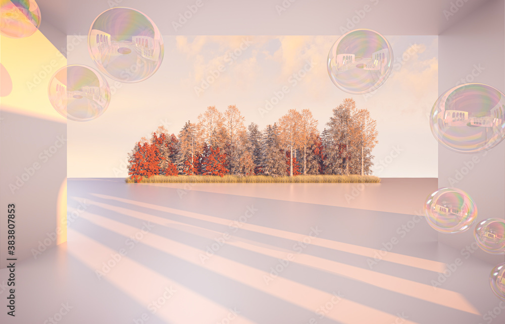 Poster Abstract Autumn scene with geometrical forms, arch with a podium in natural day light. 3D render background.