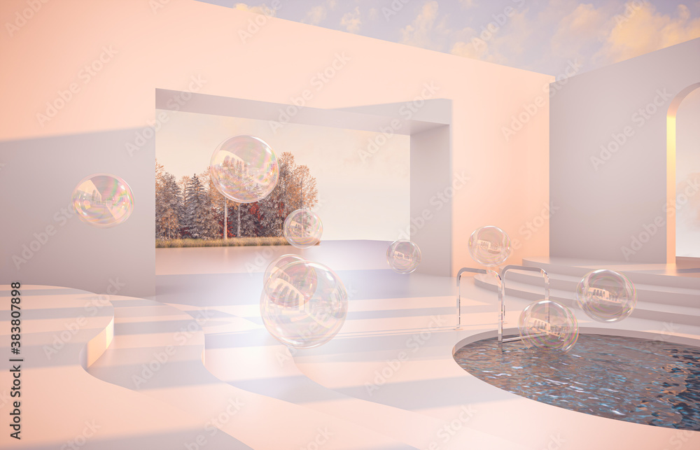 Poster Abstract Autumn scene with geometrical forms, arch with a podium in natural day light. 3D render background.