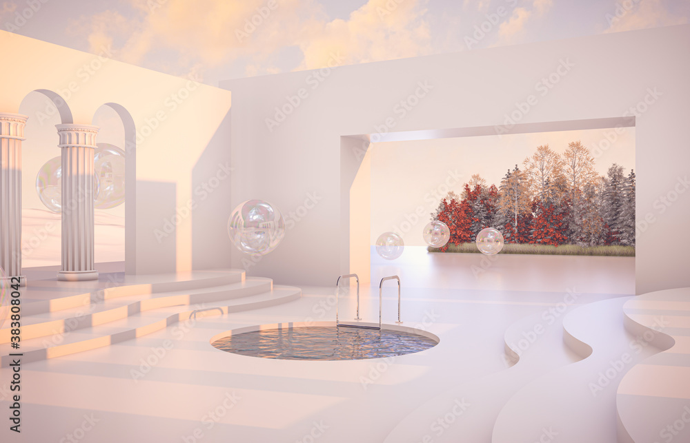 Poster abstract autumn scene with geometrical forms, arch with a podium in natural day light. 3d render bac