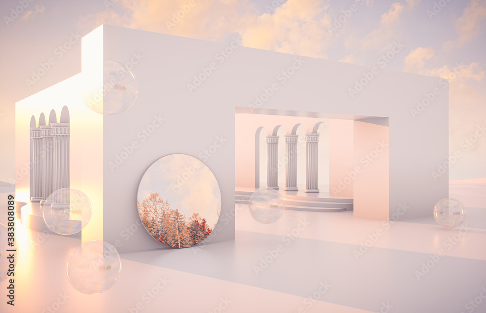 Aufkleber abstract autumn scene with geometrical forms, arch with a podium in natural day light. 3d render bac