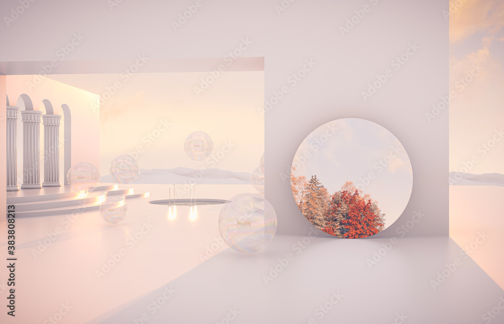 Aufkleber Abstract Autumn scene with geometrical forms, arch with a podium in natural day light. 3D render background.