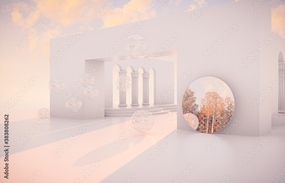 Poster abstract autumn scene with geometrical forms, arch with a podium in natural day light. 3d render bac
