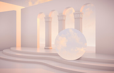 Abstract Autumn scene with geometrical forms, arch with a podium in natural day light. 3D render background.