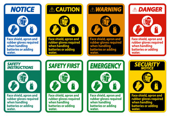 Face Shield, Apron And Rubber Gloves Required When Handling Batteries or Adding Water With PPE Symbols