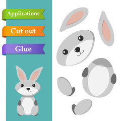 Create paper application the cartoon fun Rabbit. Use scissors cut parts of bunny and glue on the paper. Education logic game for preschool kids to help with cutting, sticking and learning about animal