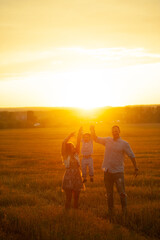 Fototapeta na wymiar Happy family in the field evening light of a sun.